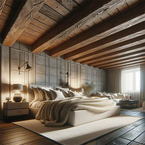 textured-box-beatextured box beams in bedroom